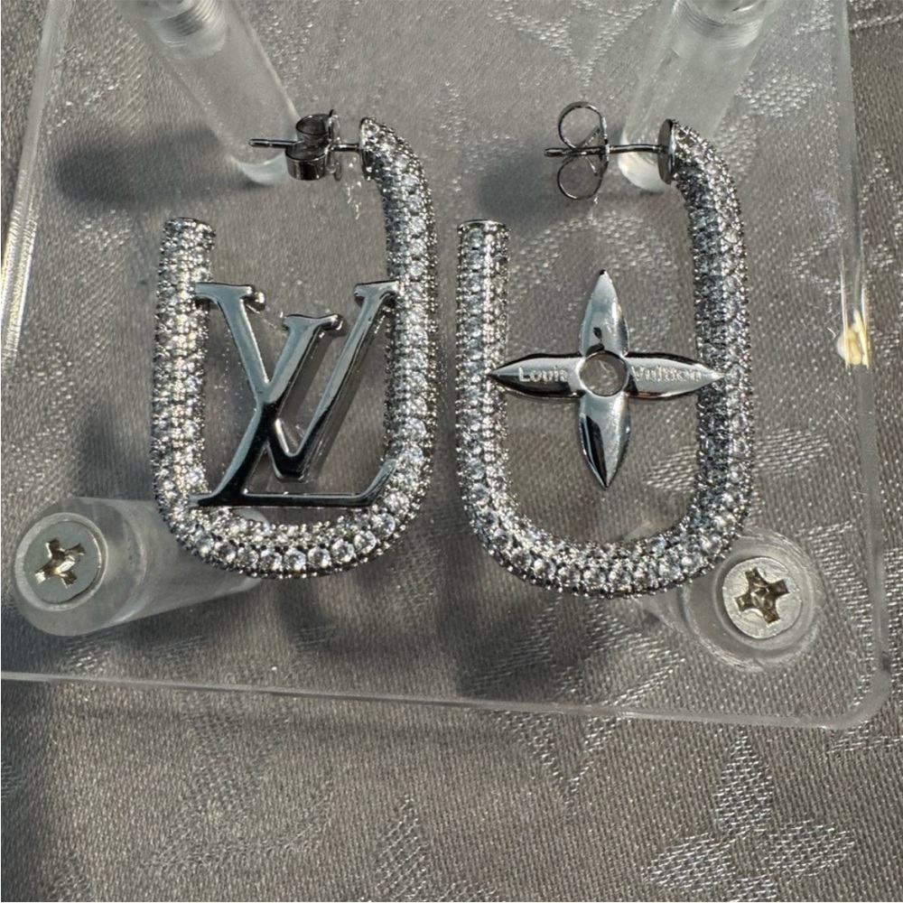 Louis Vuitton Silver Crystal Logo Baguette Earrings - Picture 1 of 6